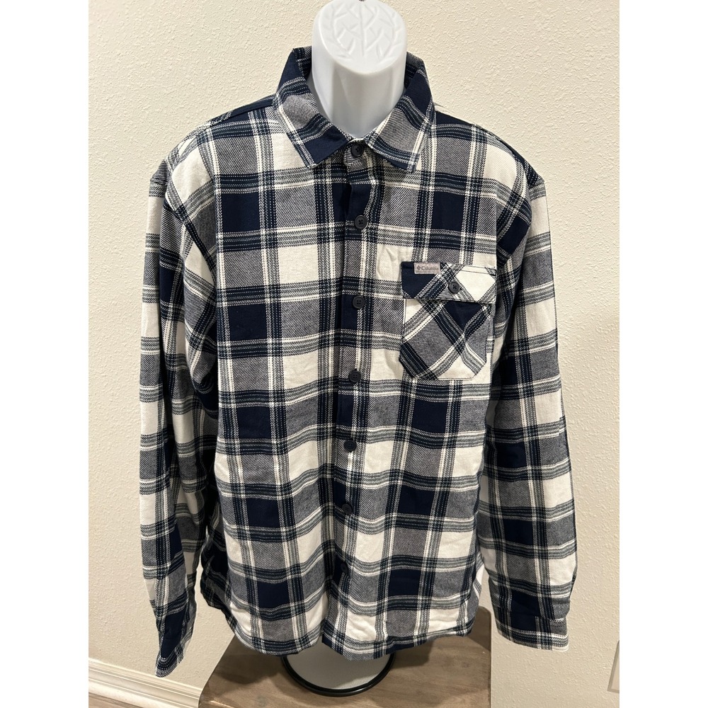 Columbia Mens Hill Veste Flannel Shirt Jacket L/G Navy White Plaid Regular Fit